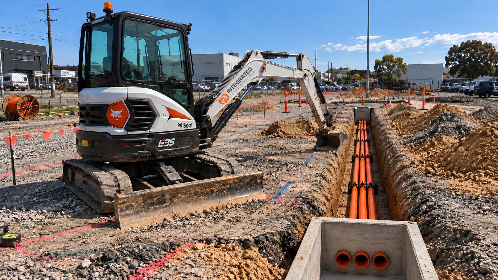 Bobcat E35 excavator trenching for conduit on an Adelaide site